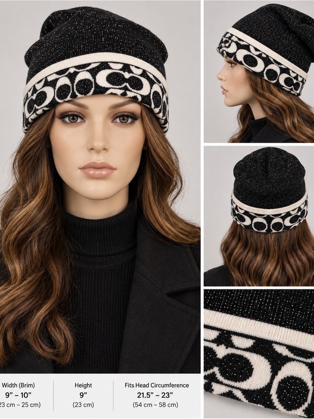 Coach Merino Wool Signature Silver Sparkle Knit Beanie Hat
